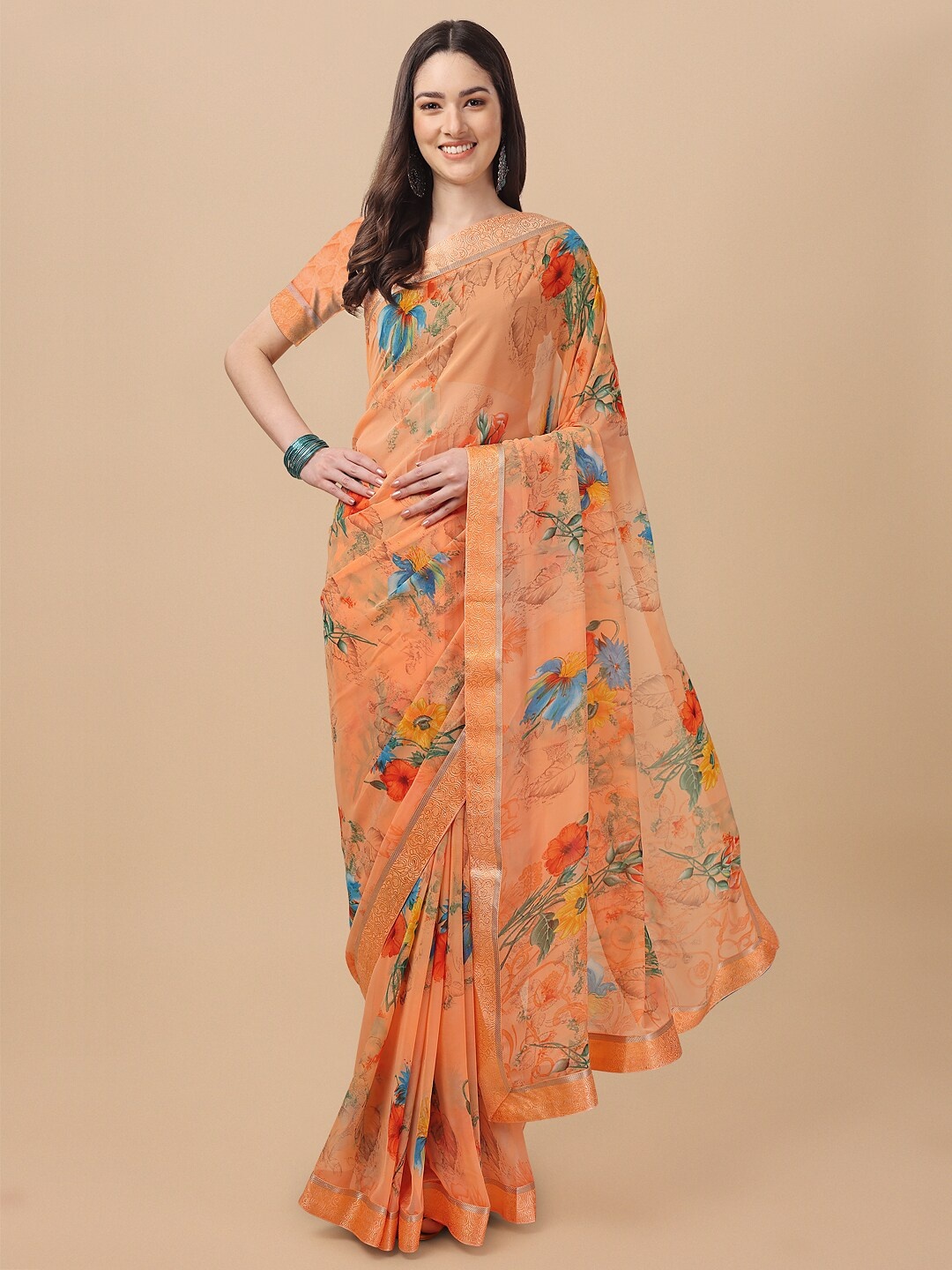 

KALINI Orange & Blue Floral Pure Georgette Saree