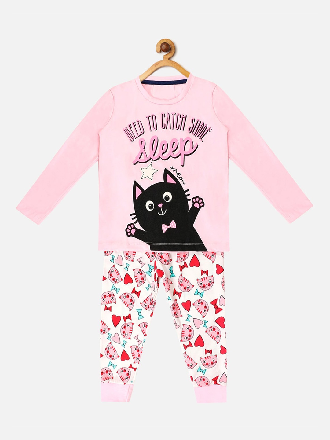 

YK Girls Pink & Black Printed Pure Cotton Night suit