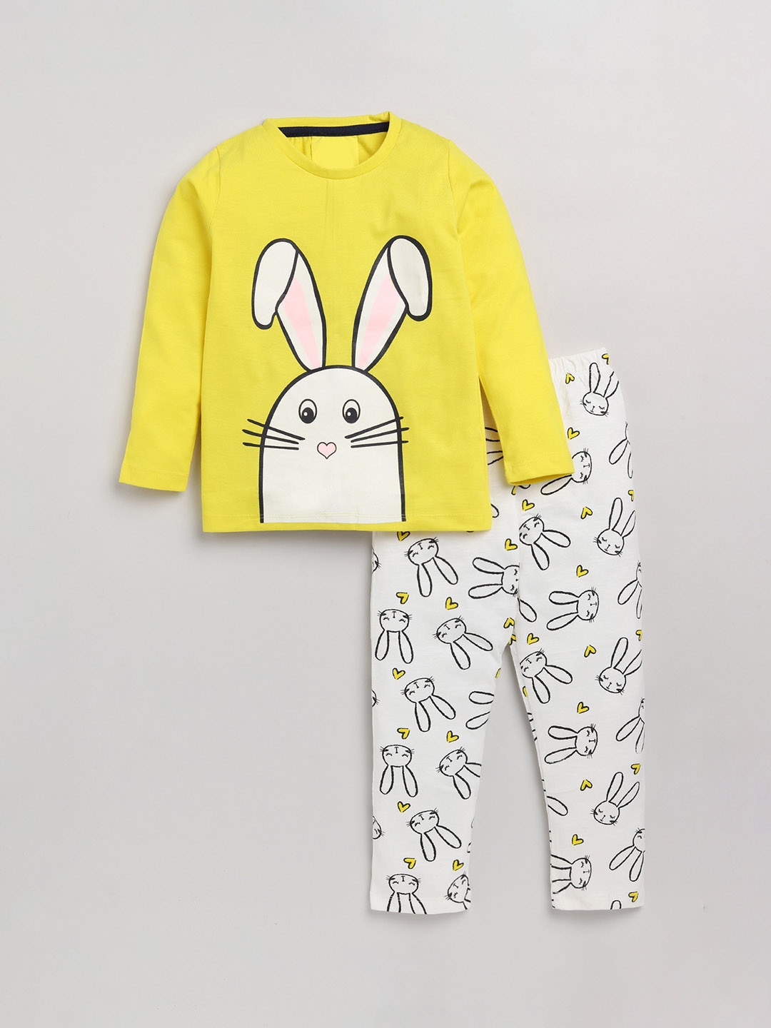 

YK Girls Yellow & White Bunny Printed Pure Cotton Night Suit