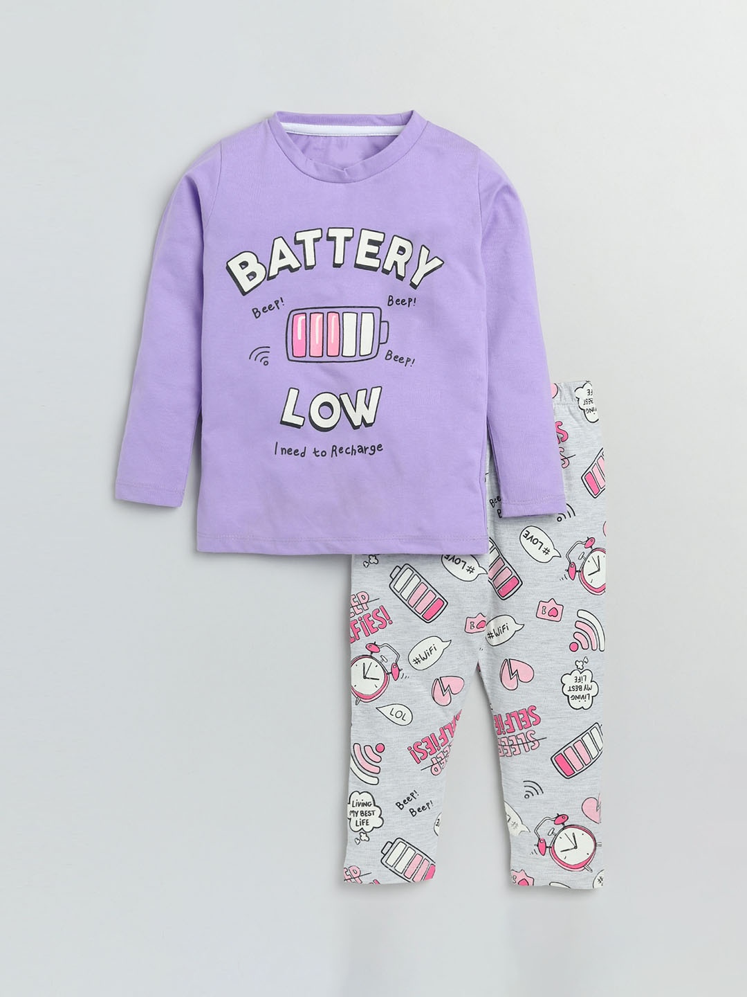 

YK Girls Purple & White Printed Pure Cotton Night suit