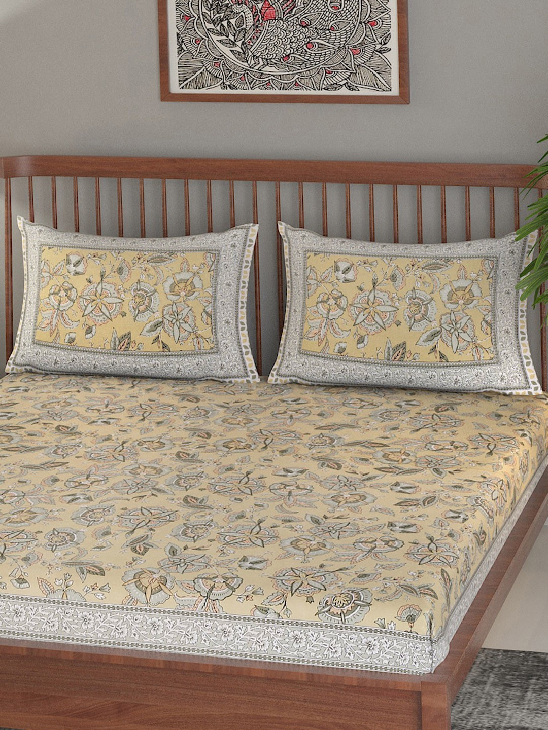 

EK BY EKTA KAPOOR Yellow & Grey Cotton Floral 120 TC King Bedsheet with 2 Pillow Covers