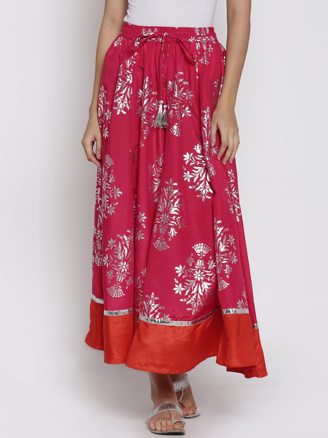 

AKKRITI BY PANTALOONS Pink & Silver Printed Maxi Skirt