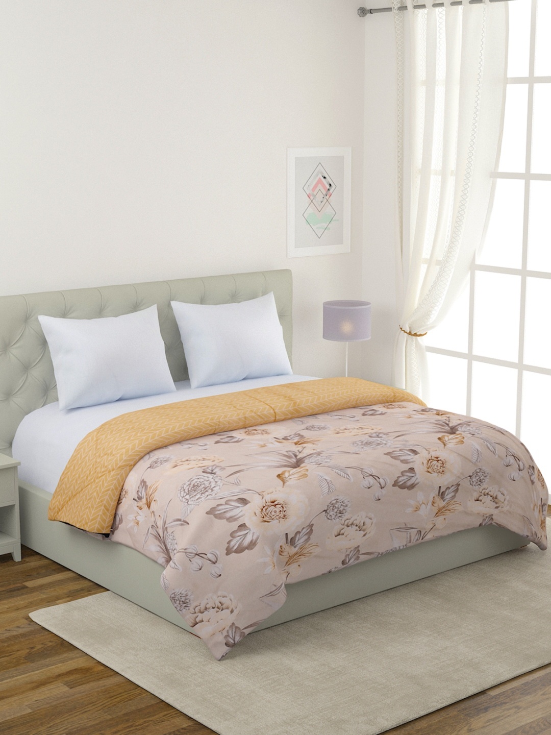 

ROMEE Beige & Off White Cotton Floral Mild Winter Double Bed Comforter