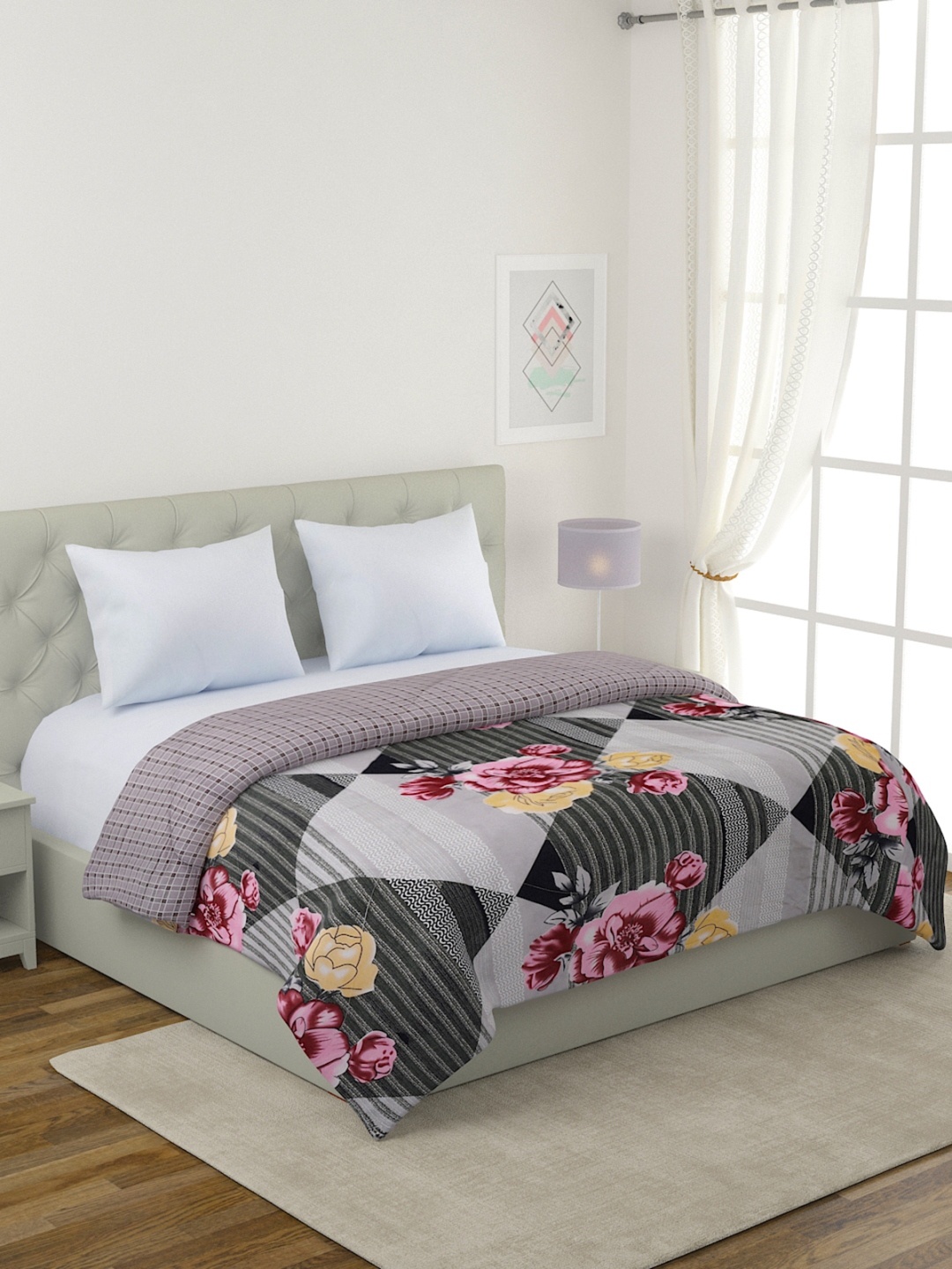 

ROMEE Grey & Pink Cotton Floral Mild Winter Double Bed Comforter