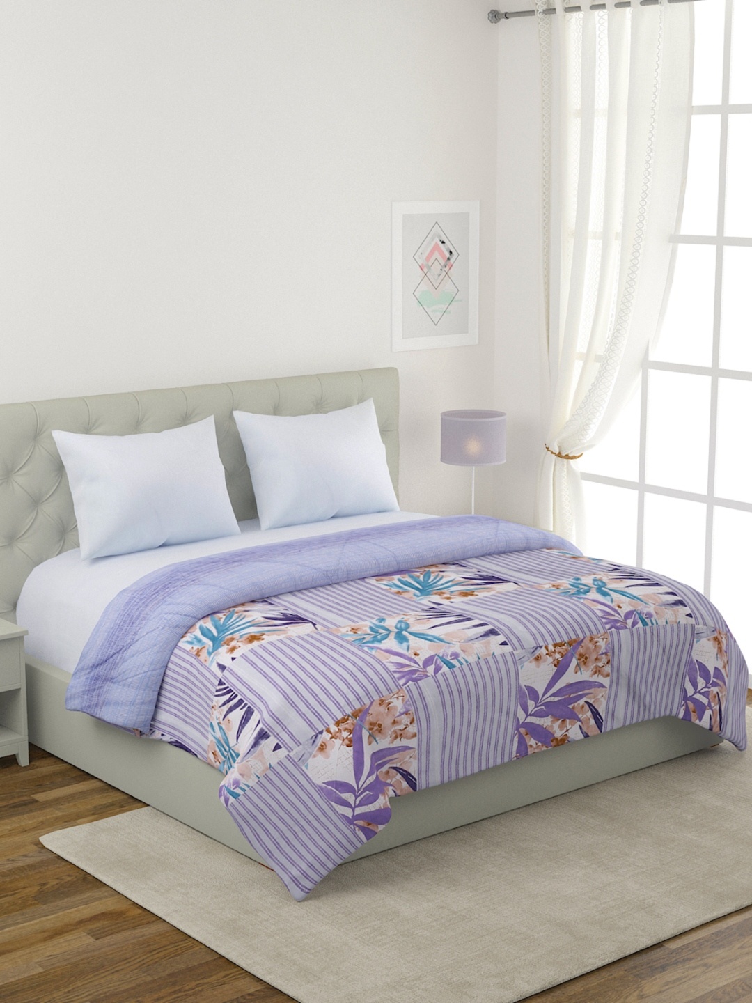 

ROMEE Blue & Off White Cotton Floral Mild Winter Double Bed Comforter