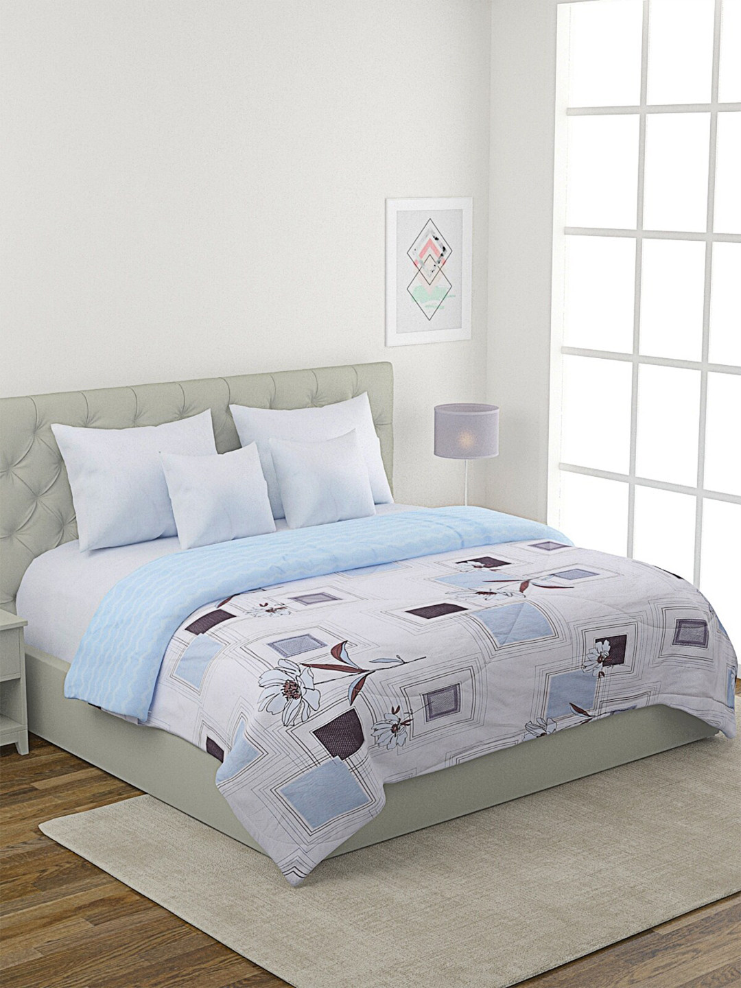 

ROMEE White & Blue Cotton Floral Mild Winter Double Bed Comforter