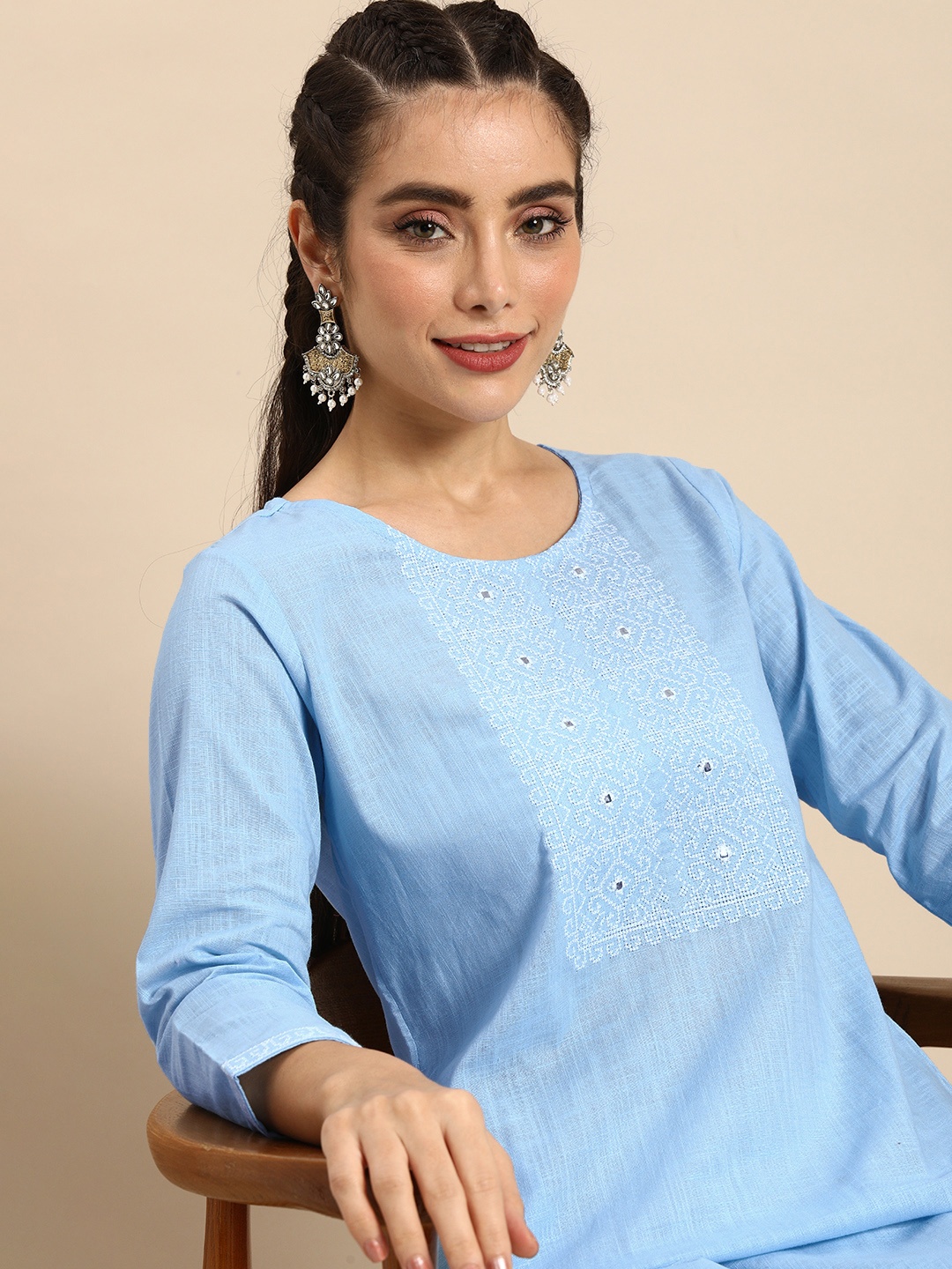 

Sangria Women Blue Yoke Design Mirror Work Kurta