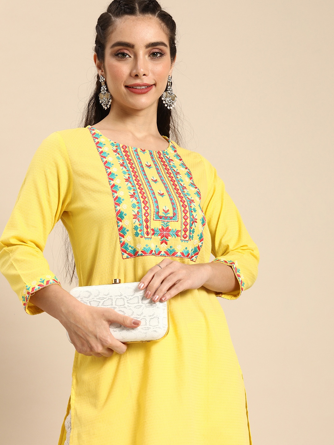 

Sangria Women Yellow Embroidered Mirror Work Kurta