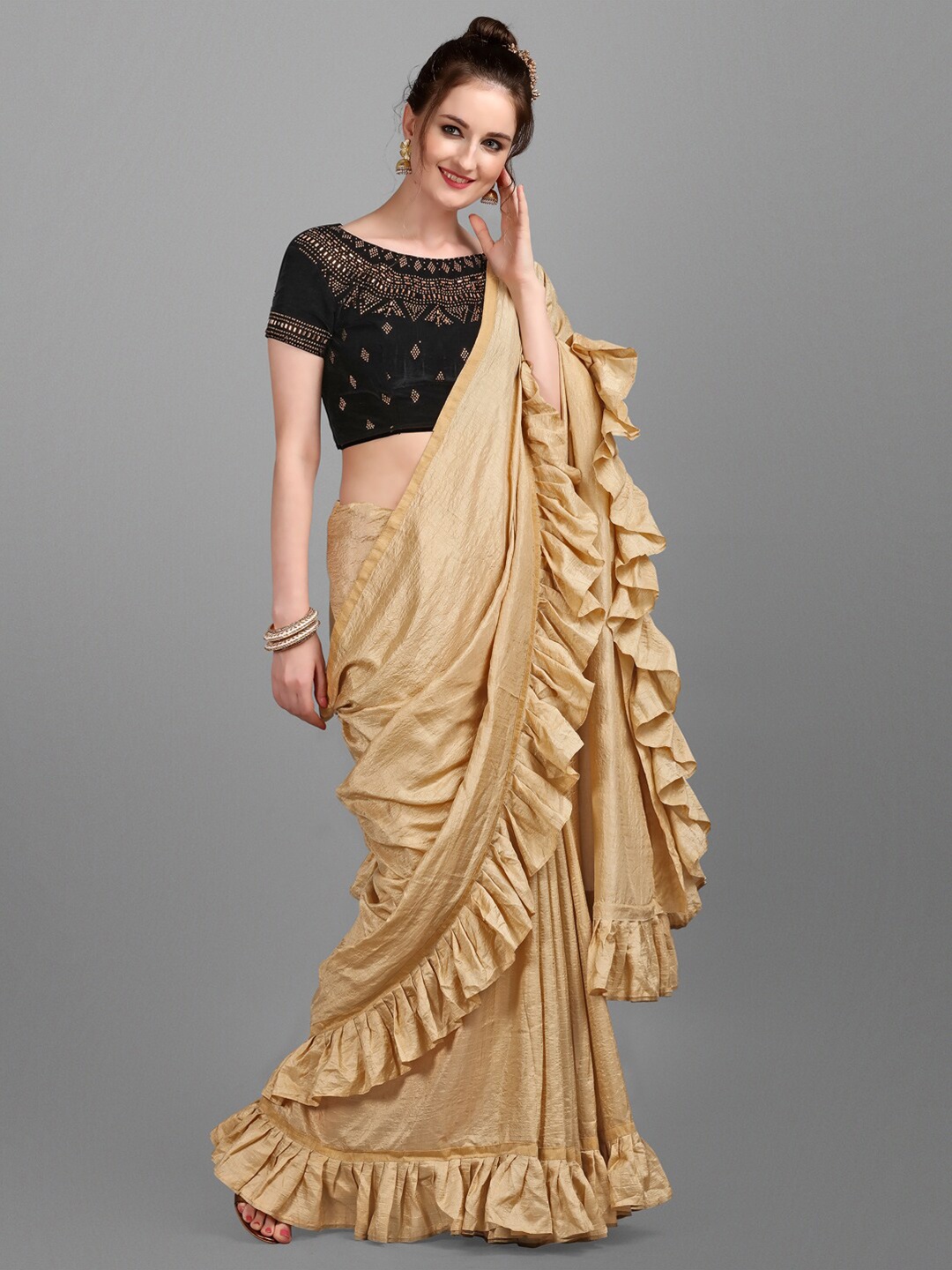 

Ethnic Junction Gold Solid Silk Blend Ruffles Saree