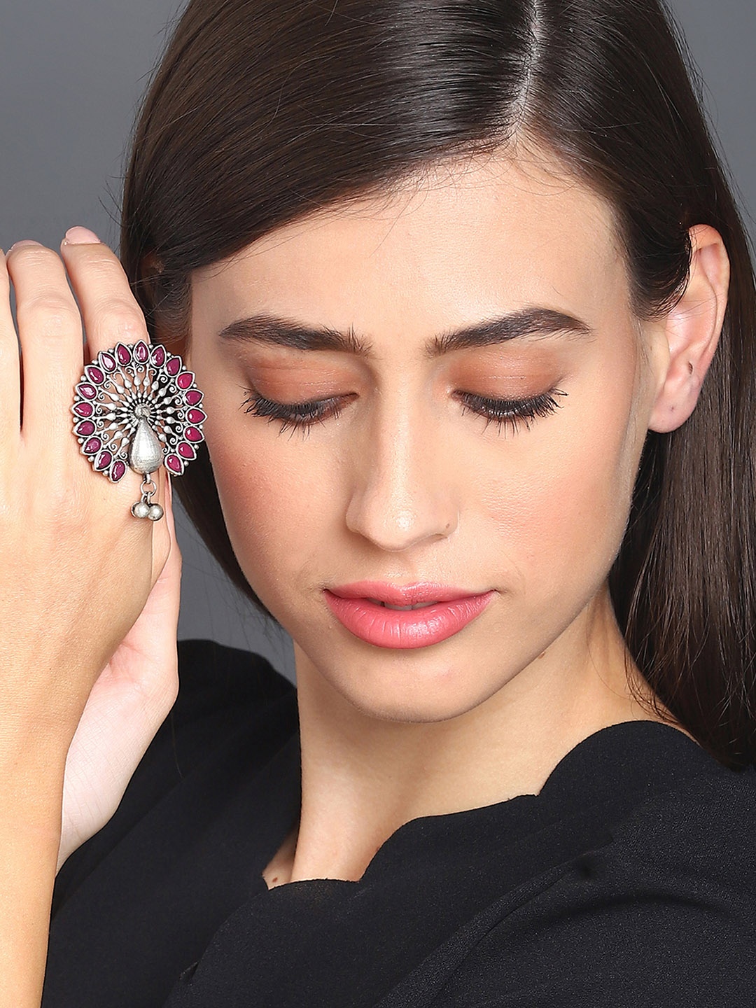 

SOHI Pink Silver-Plated Artificial Stones Studded Textured Adjustable Finger Ring