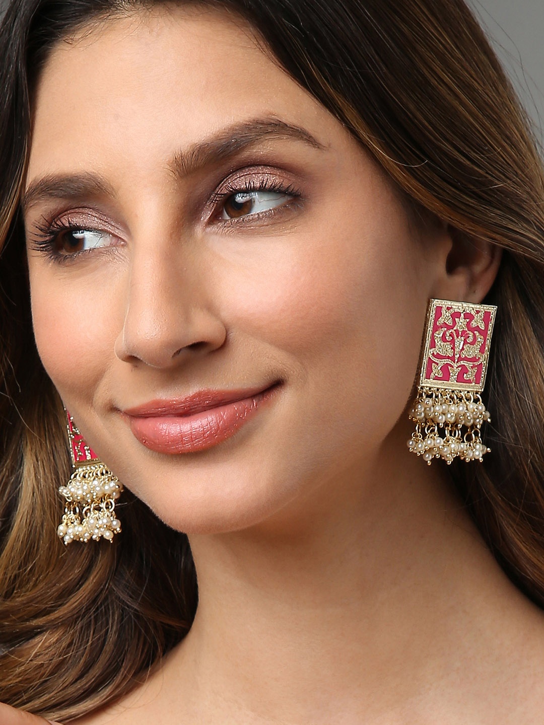 

SOHI Pink & White Gold-Plated Contemporary Drop Earrings
