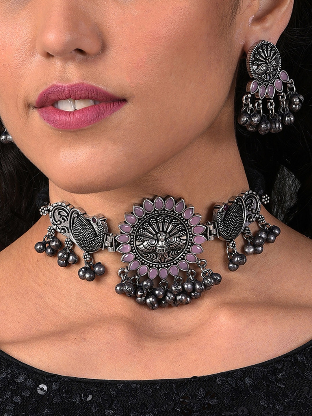 

SOHI Oxidised Silver-Plated & Purple Stone-Studded Jewellery Set