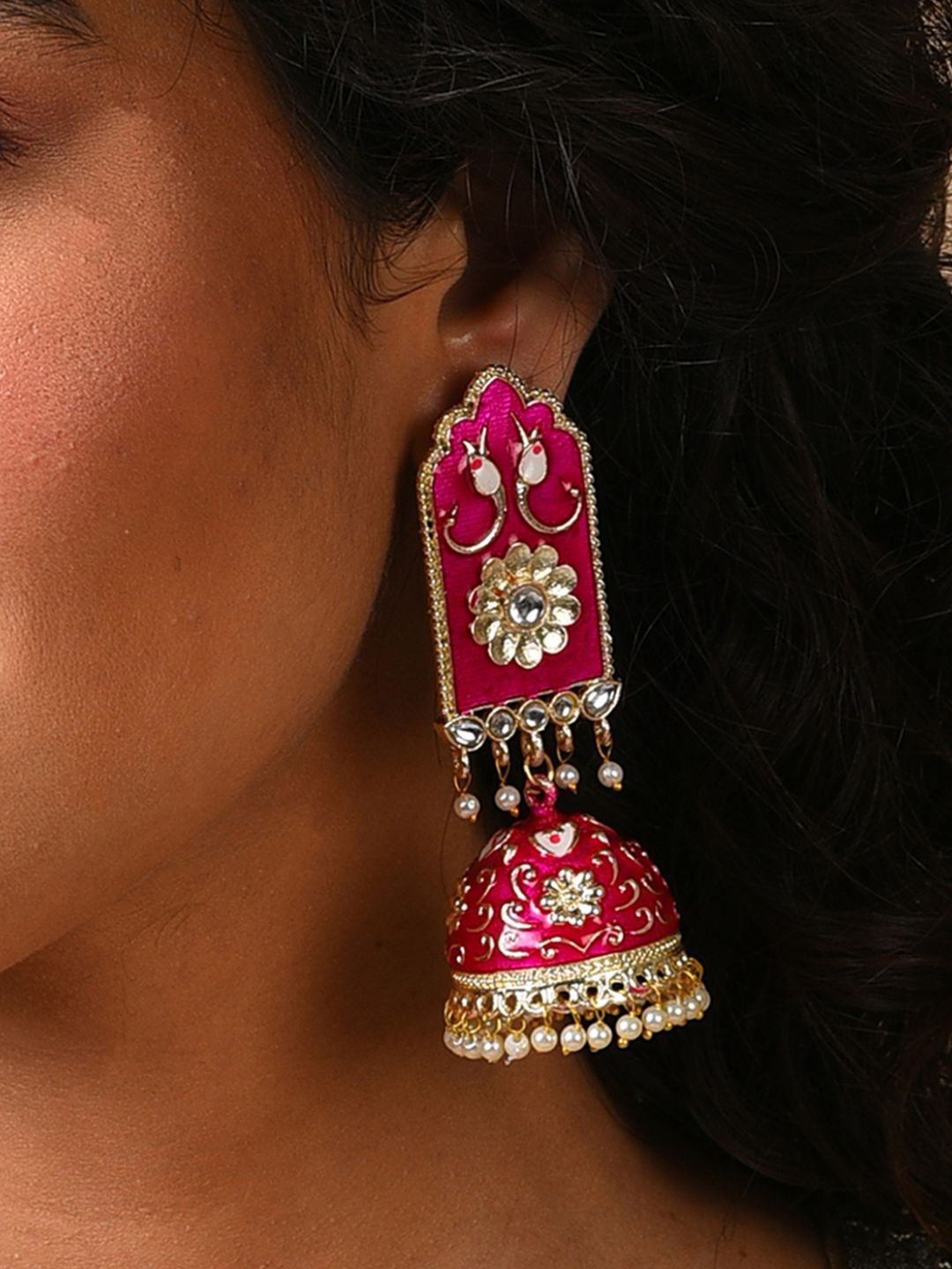 

SOHI Pink Gold Plated Contemporary Jhumkas Earrings