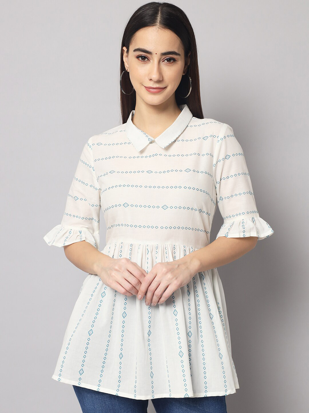 

Sutidora Women White Shirt Collar Printed Cotton Tunic