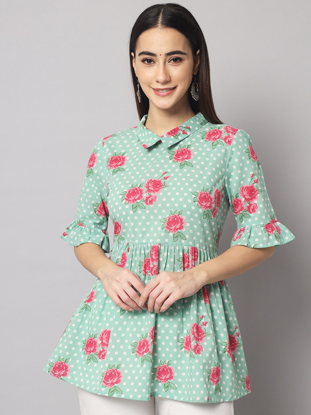

Sutidora Women Green & White Floral Print Pure Cotton Peplum Top