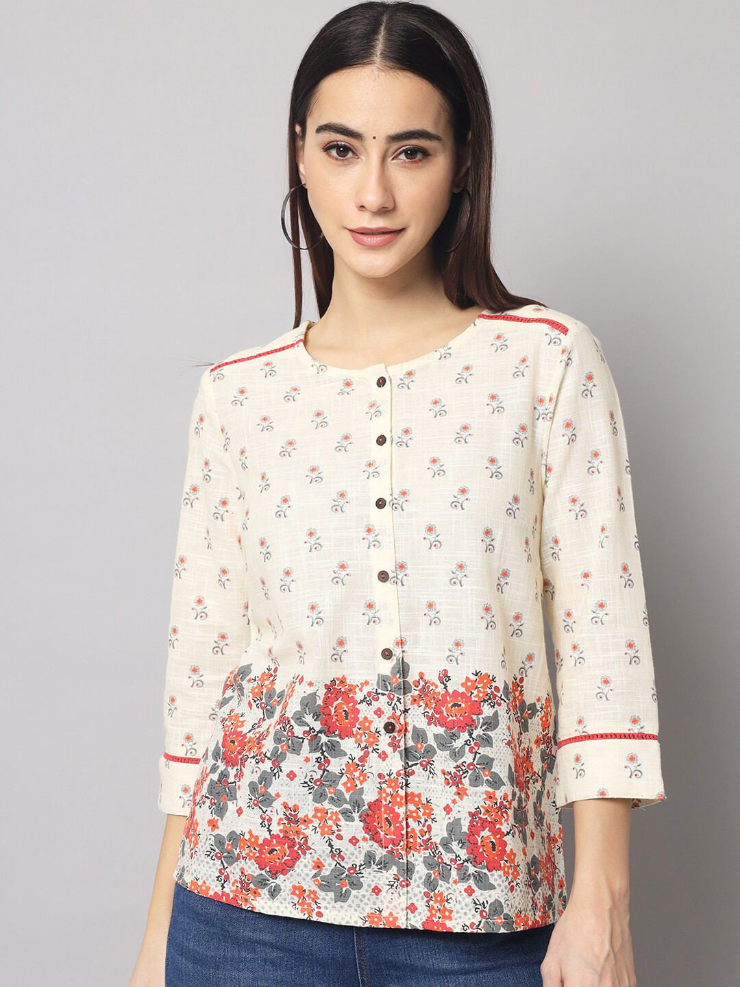 

Sutidora Women Off White & Orange Floral Print Pure Cotton Top
