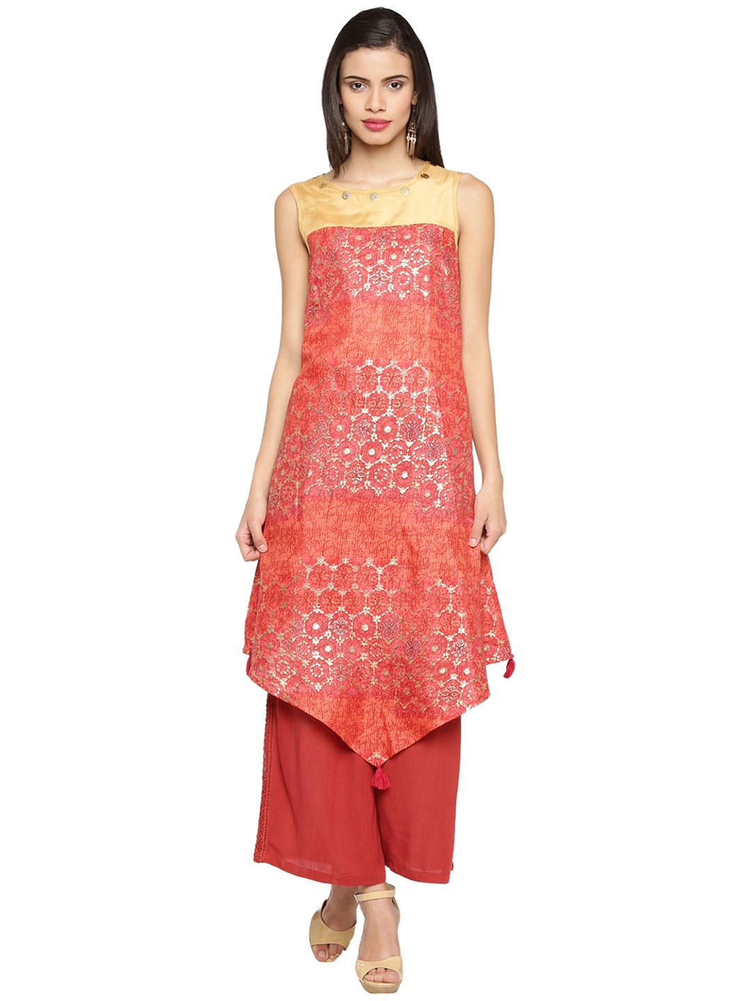 

AKKRITI BY PANTALOONS Women Coral Orange Printed Asymmetric A-Line Kurta
