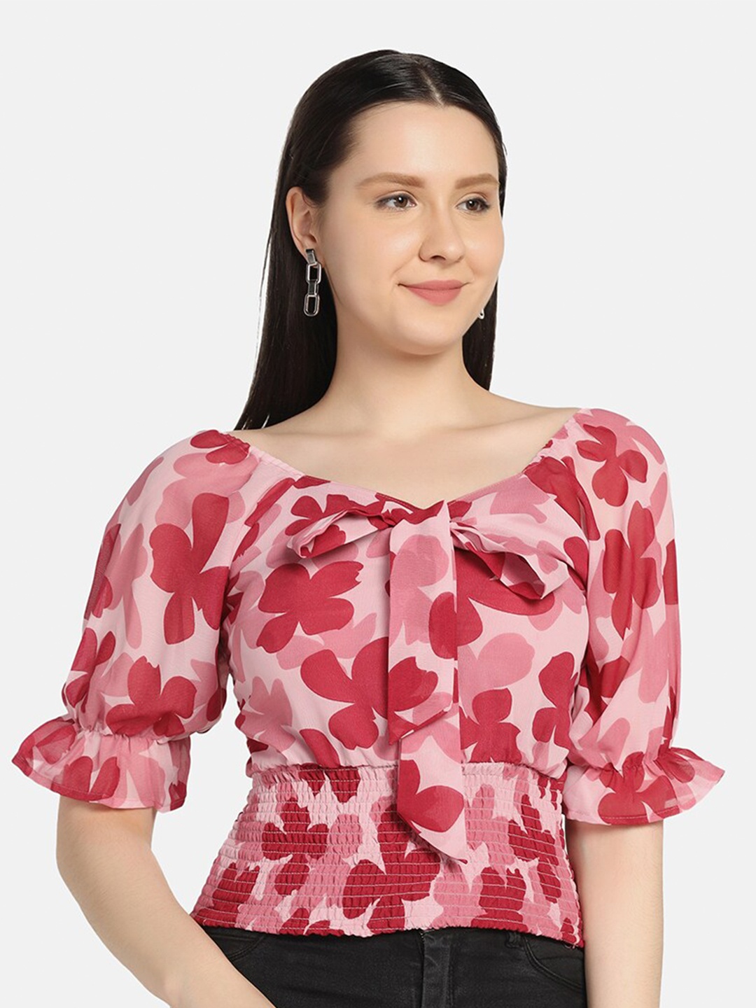 

BUY NEW TREND Maroon Floral Print Georgette Blouson Top