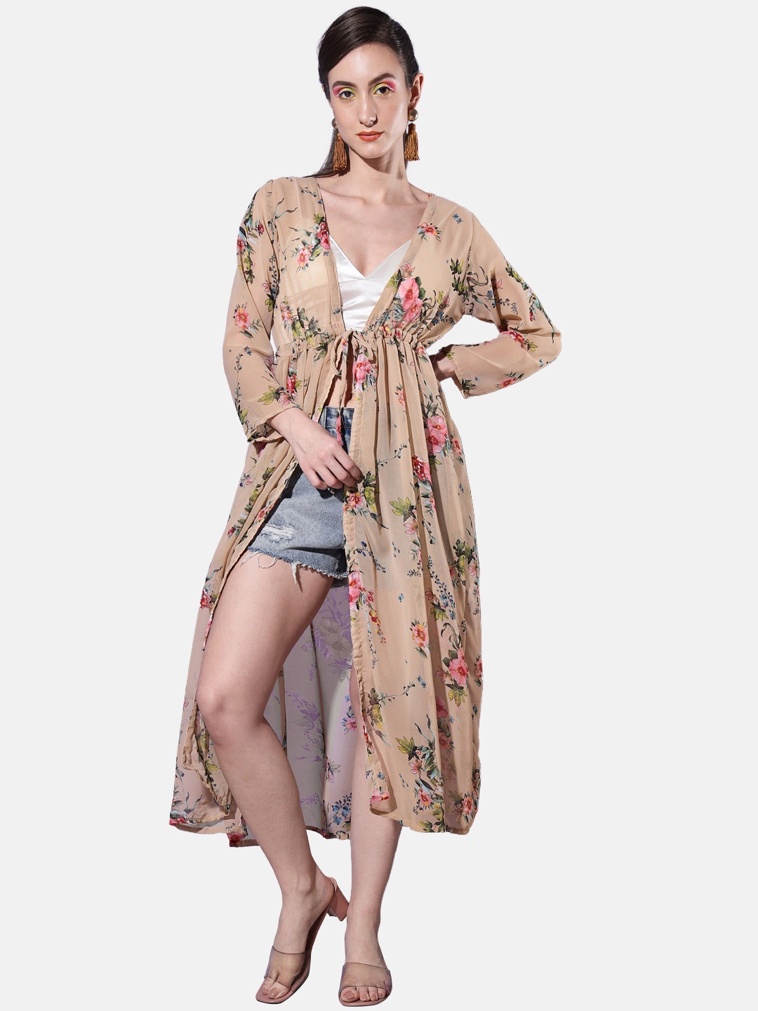 

BUY NEW TREND Women Beige & Green Floral Printed Long Shrug