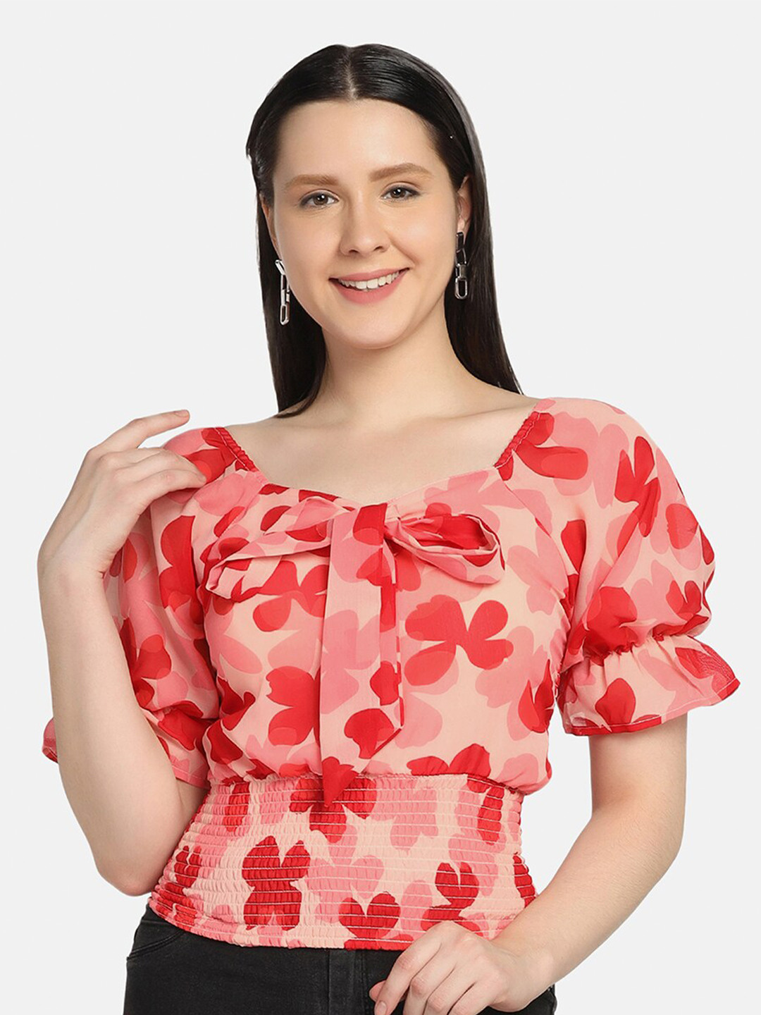 

BUY NEW TREND Red Floral Printed Georgette Blouson Top
