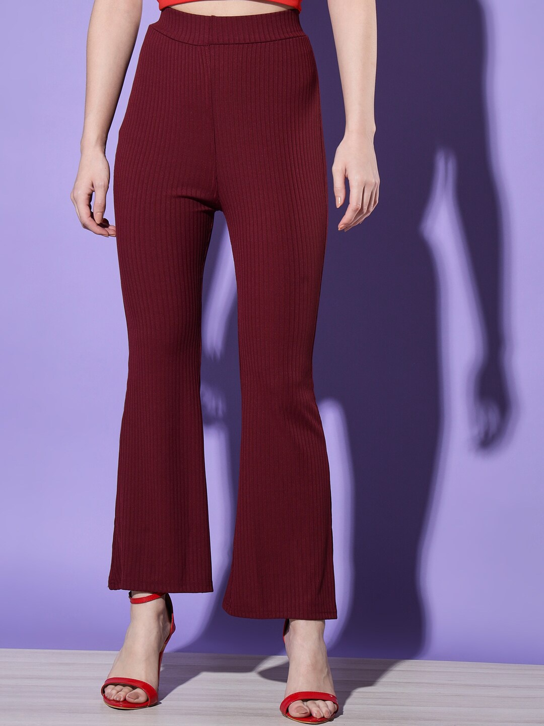 

BUY NEW TREND Women Maroon Striped High-Rise Trousers