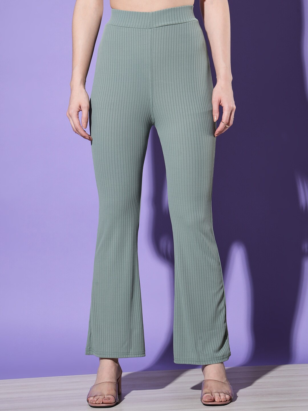 

BUY NEW TREND Women Green Striped High-Rise Trousers