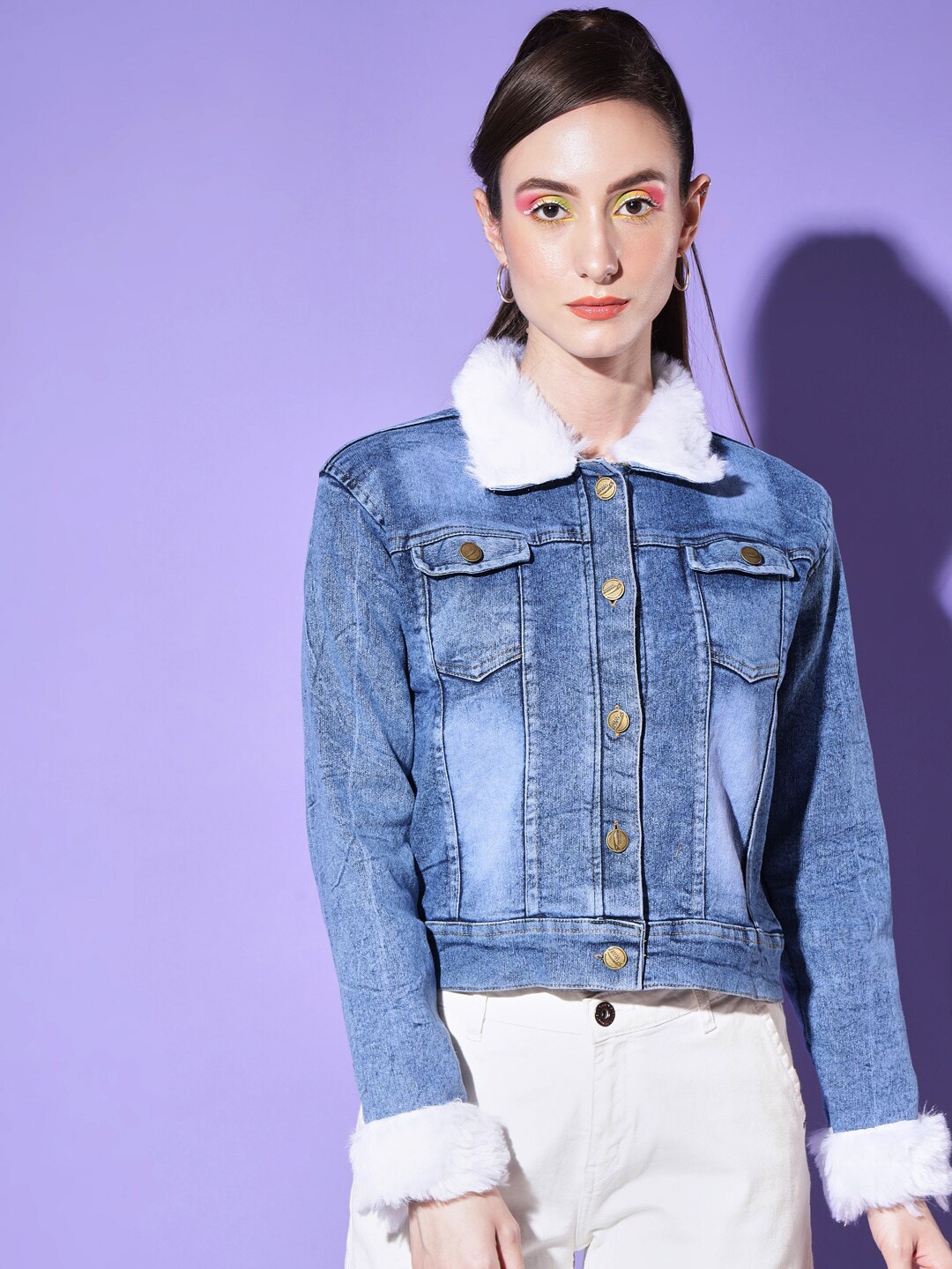 

BUY NEW TREND Women Blue Washed Lightweight Crop Denim Jacket