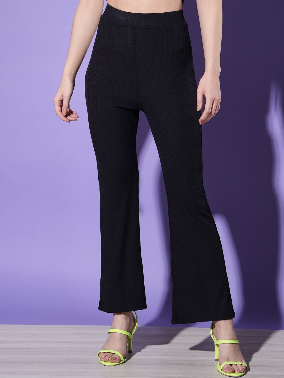 

BUY NEW TREND Women Black Striped High-Rise Bootcut Trousers