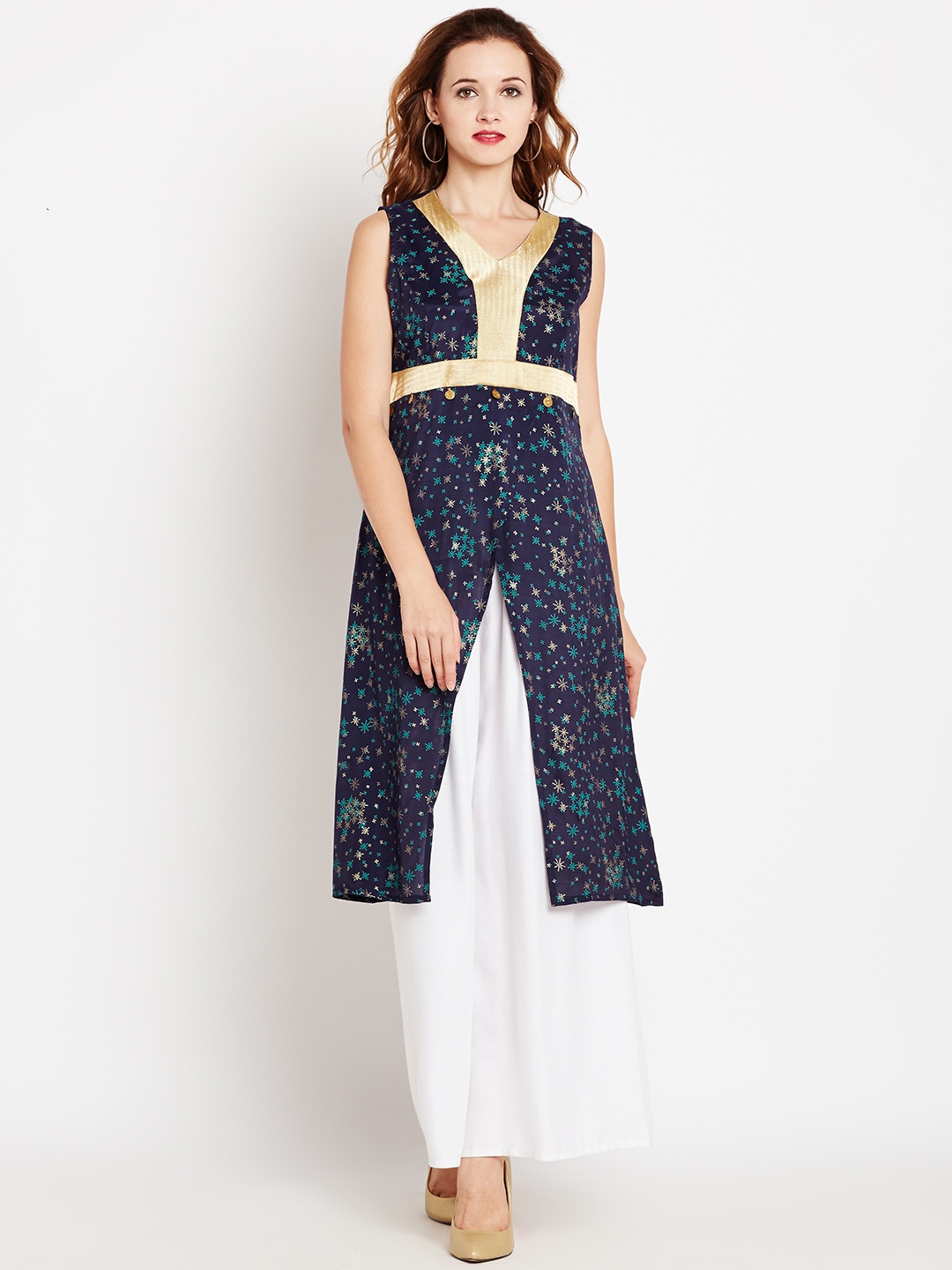 

AKKRITI BY PANTALOONS Navy Printed Wrap Tunic, Navy blue