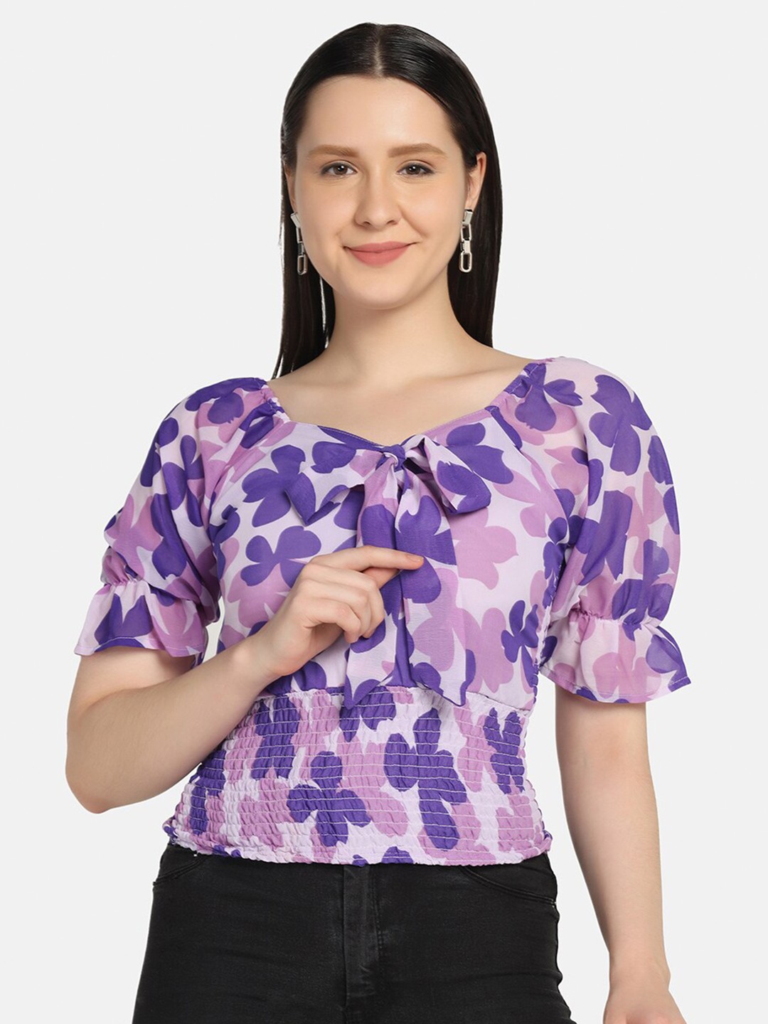 

BUY NEW TREND Purple Floral Printed Georgette Top