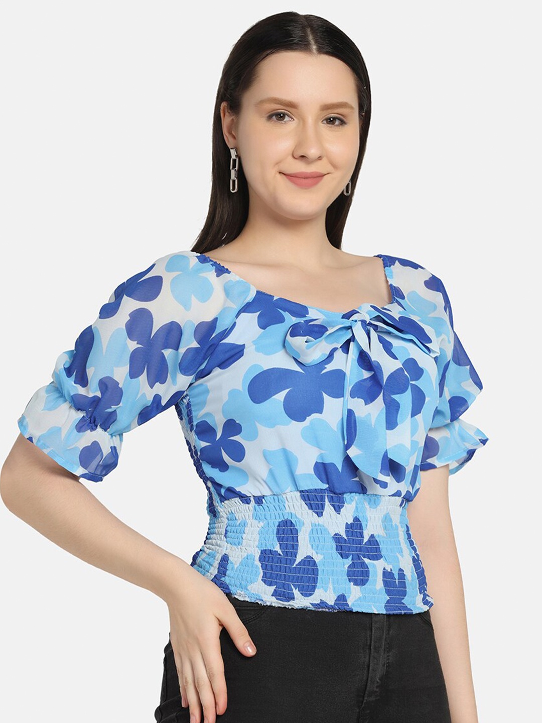 

BUY NEW TREND Blue Floral Print Georgette Blouson Top