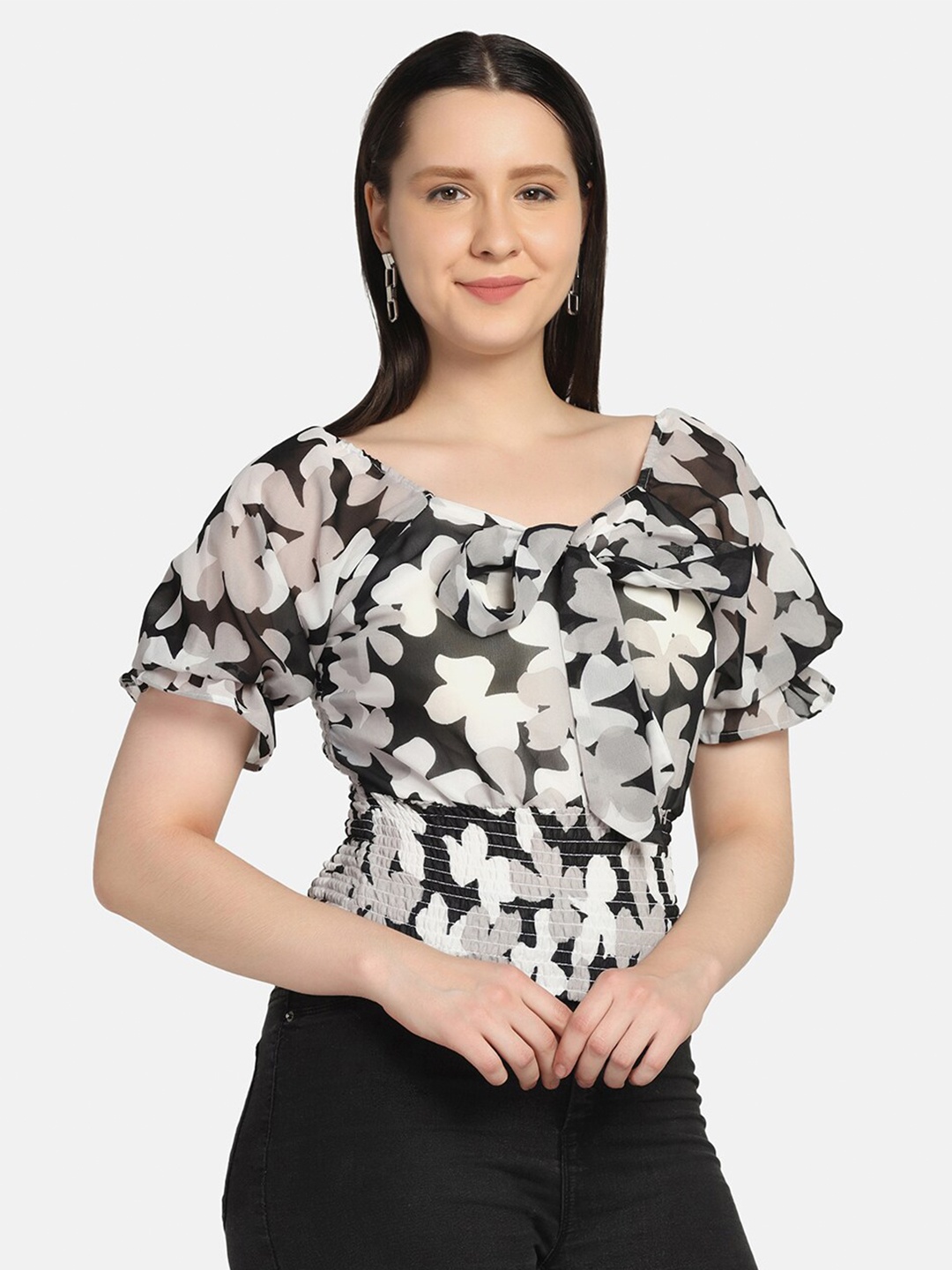 

BUY NEW TREND Black Floral Printed Georgette Top