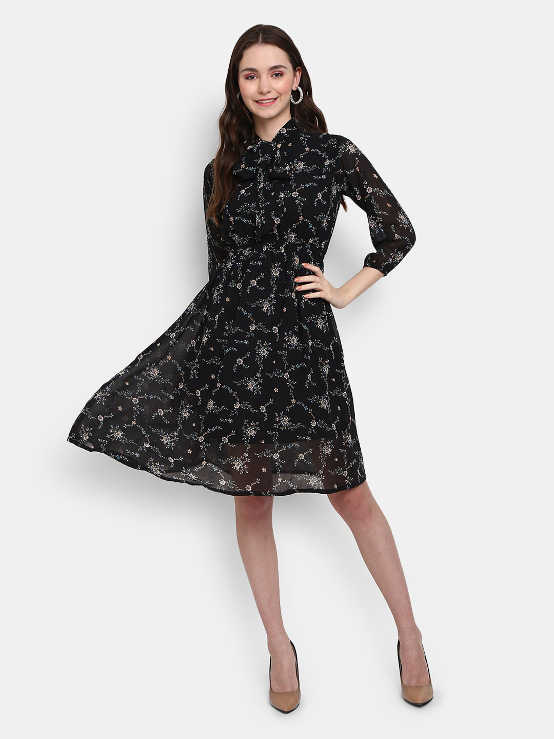 

V-Mart Black Floral Printed A-Line Cotton Dress