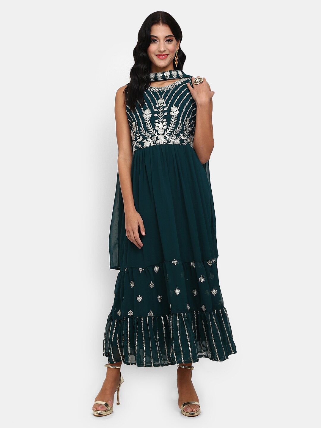 

V-Mart Green Ethnic Motifs Embroidered Ethnic Maxi Dress