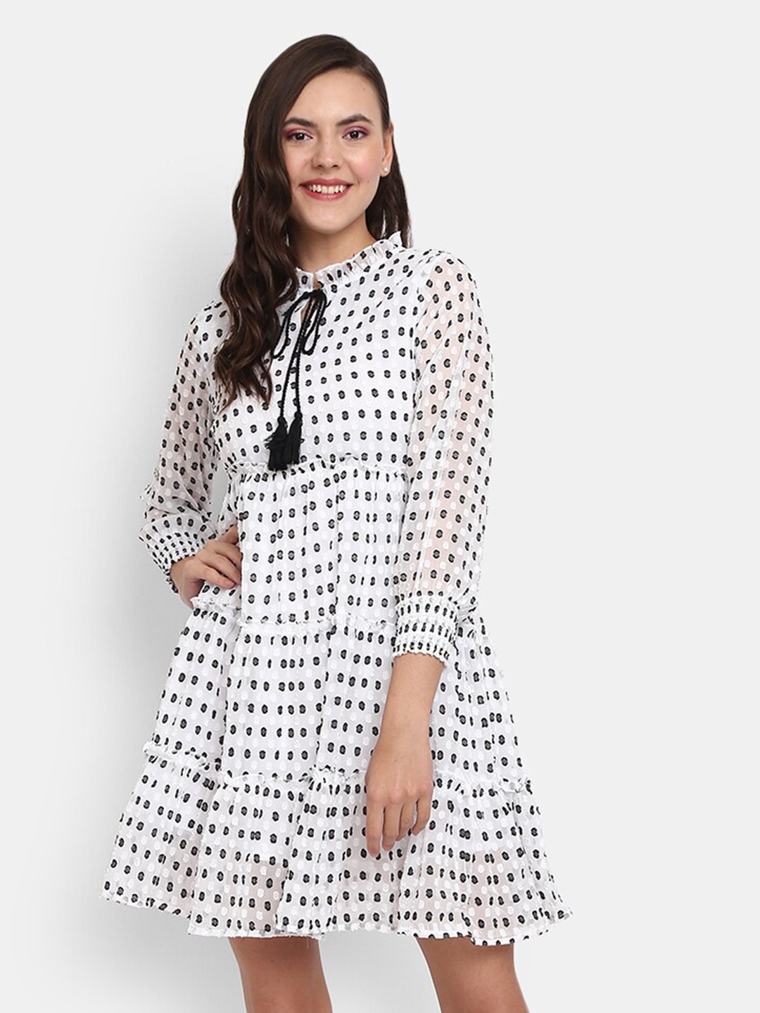 

V-Mart White Polka Dots Printed Fit and Flare Tie-Up Neck Cotton Dress