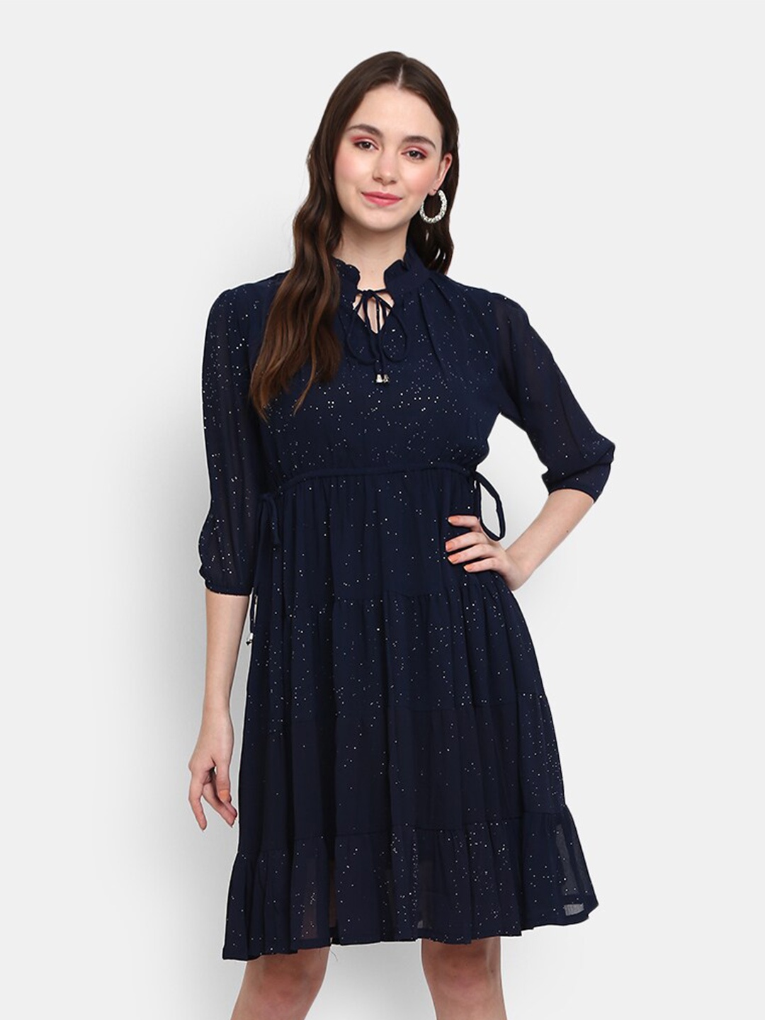 

V-Mart Navy Blue Polka Dots Printed Fit and Flare Tie-Up Neck Cotton Dress