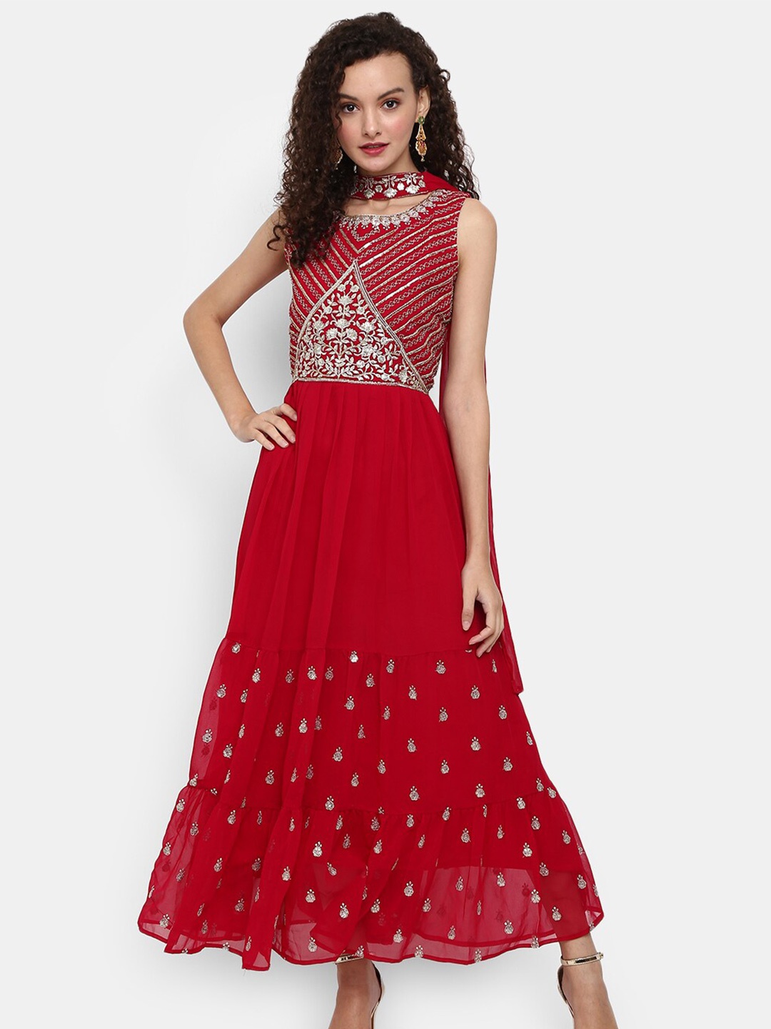 

V-Mart Red Embellished Cotton Maxi Dress