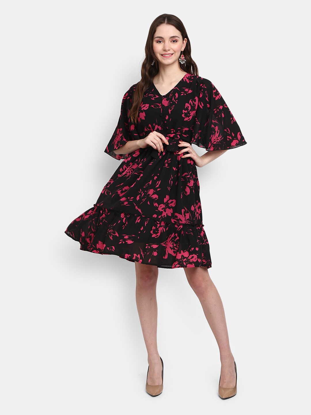 

V-Mart Women Black Floral V Neck Fit And Flare Dress
