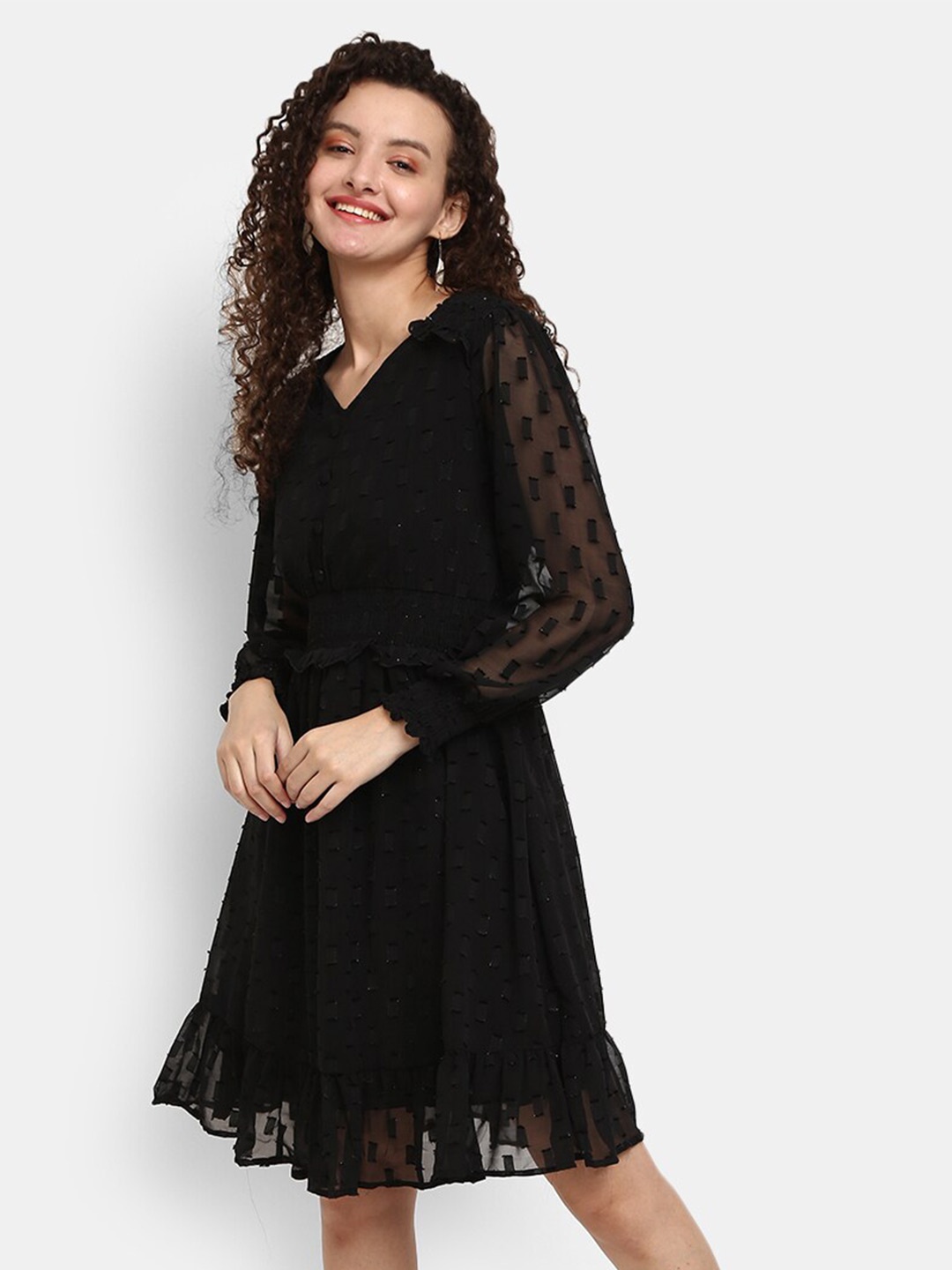 

V-Mart Women Black Self Design V Neck Fit and Flare Dress
