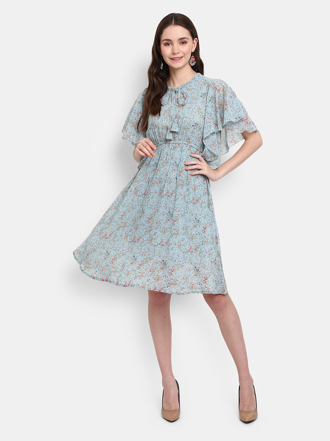 

V-Mart Women Sea Green Floral Tie-Up Neck Flared Sleeve Dress