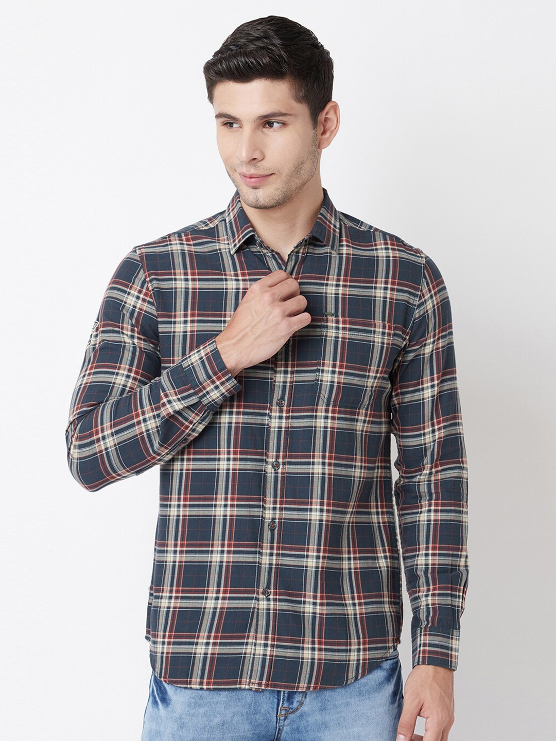 

Blue Buddha Men Navy Blue Comfort Checked Cotton Casual Shirt