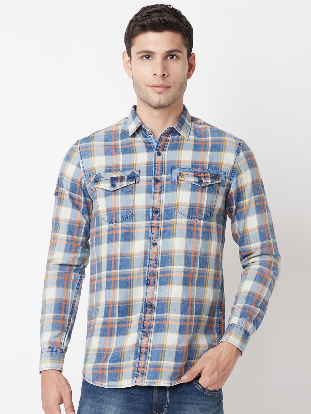 

Blue Buddha Men Orange Comfort Checked Cotton Casual Shirt