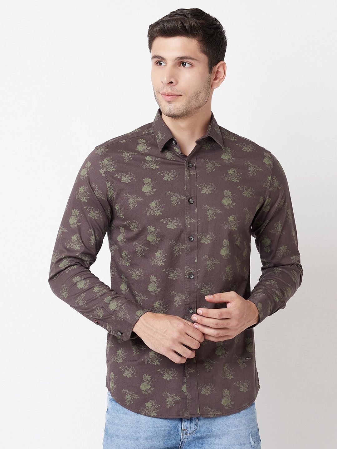 

Blue Buddha Men Grey Comfort Floral Printed Cotton Casual Shirt