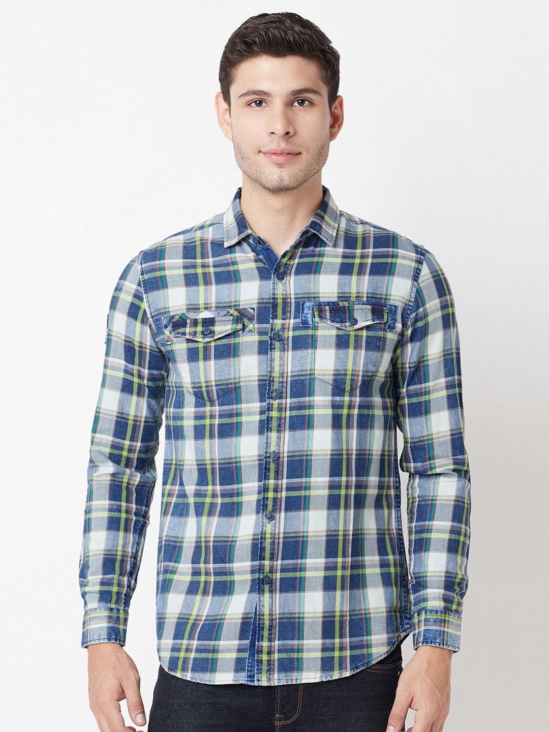 

Blue Buddha Men Blue Comfort Checked Cotton Casual Shirt