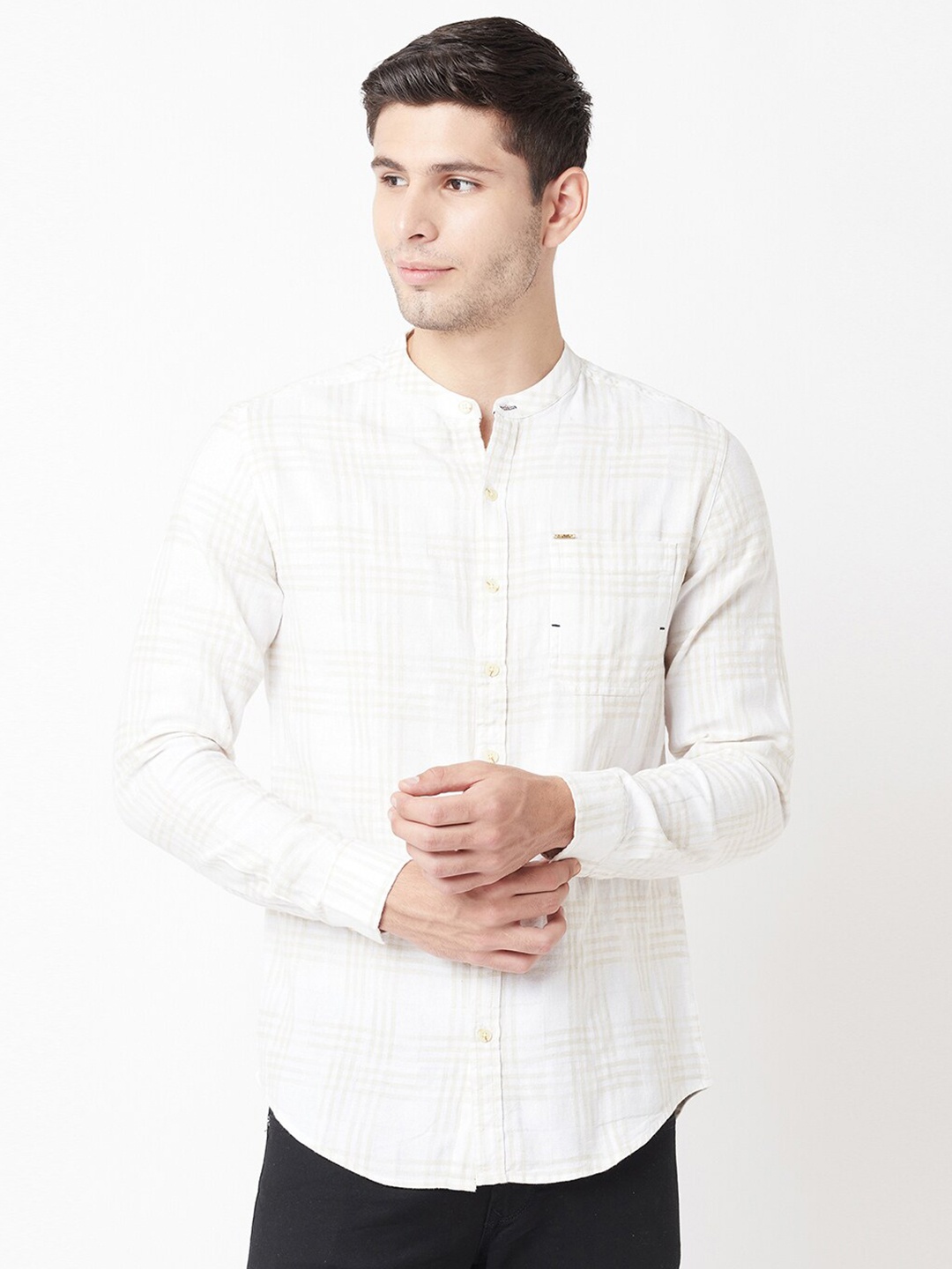 

Blue Buddha Men White Comfort Checked Cotton Casual Shirt