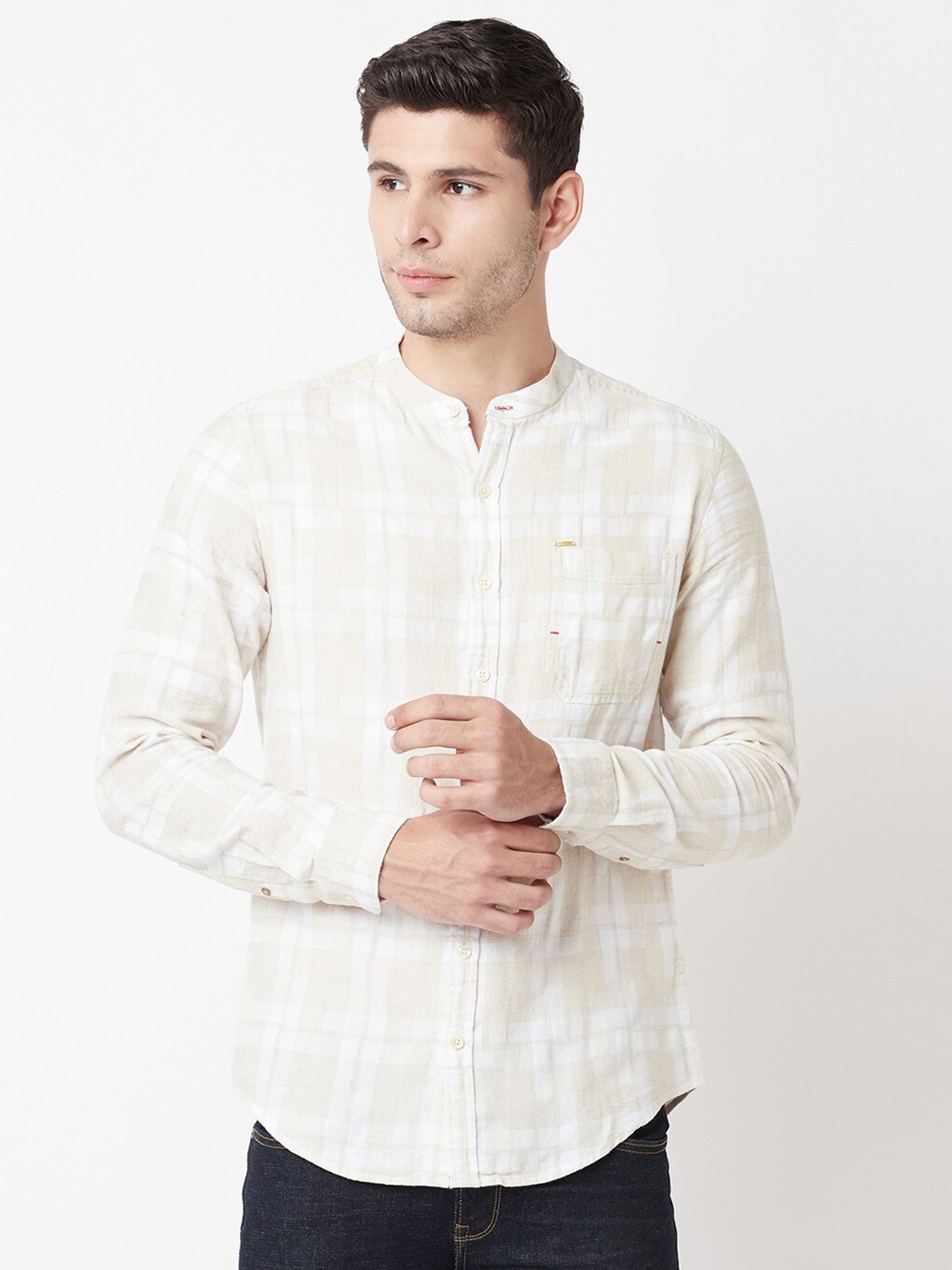 

Blue Buddha Men Beige Checked Casual Shirt