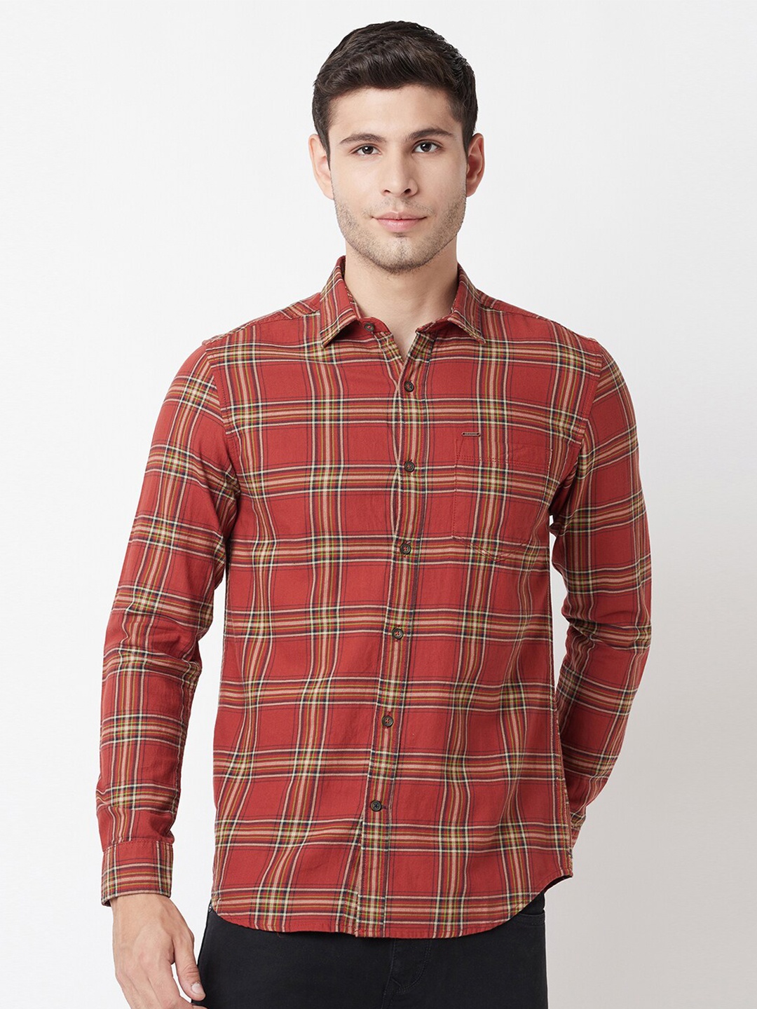 

Blue Buddha Men Rust Tartan Checks Checked Casual Shirt