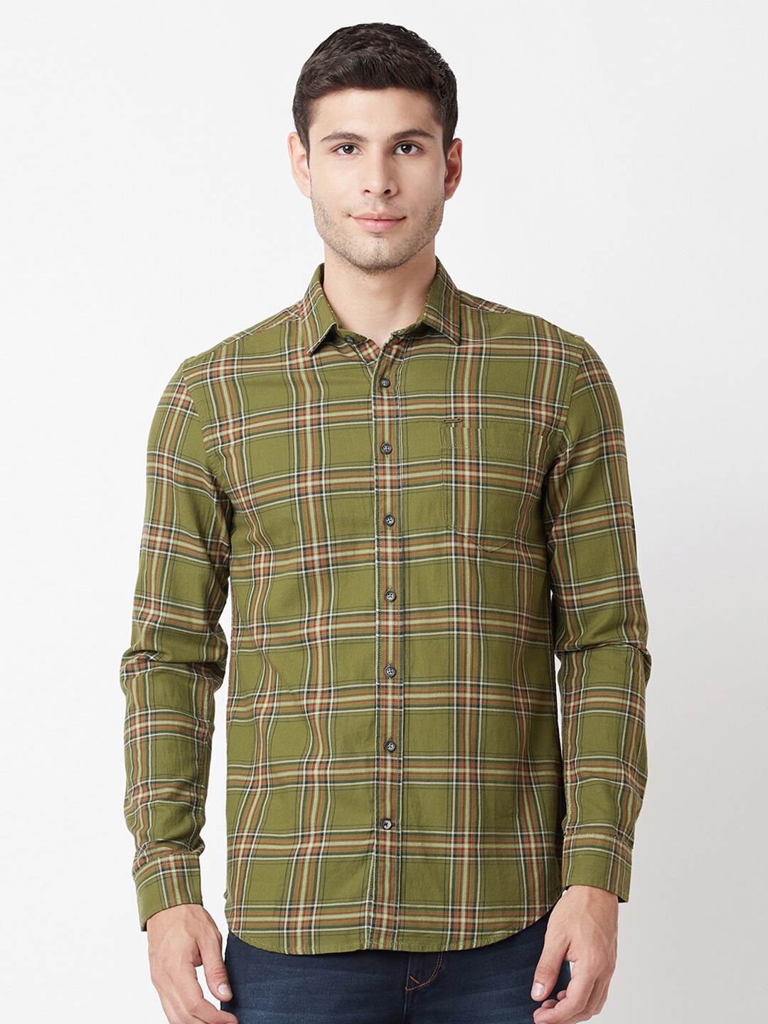 

Blue Buddha Men Olive Green Checked Casual Shirt