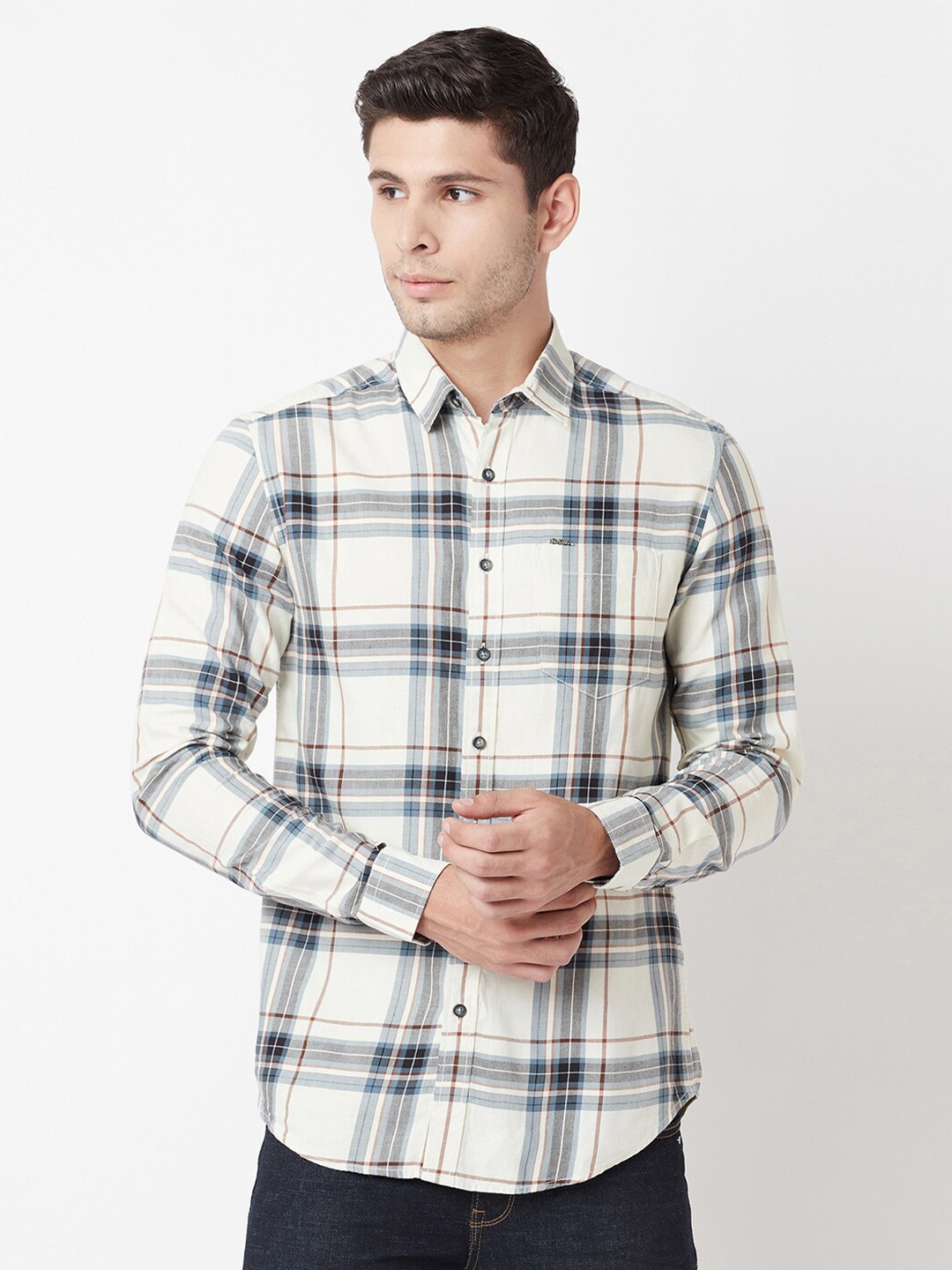 

Blue Buddha Men Off White Tartan Checks Checked Casual Shirt