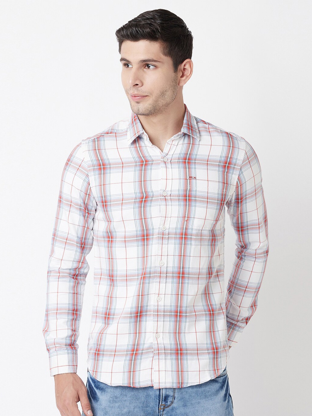 

Blue Buddha Men White Tartan Checks Checked Casual Shirt
